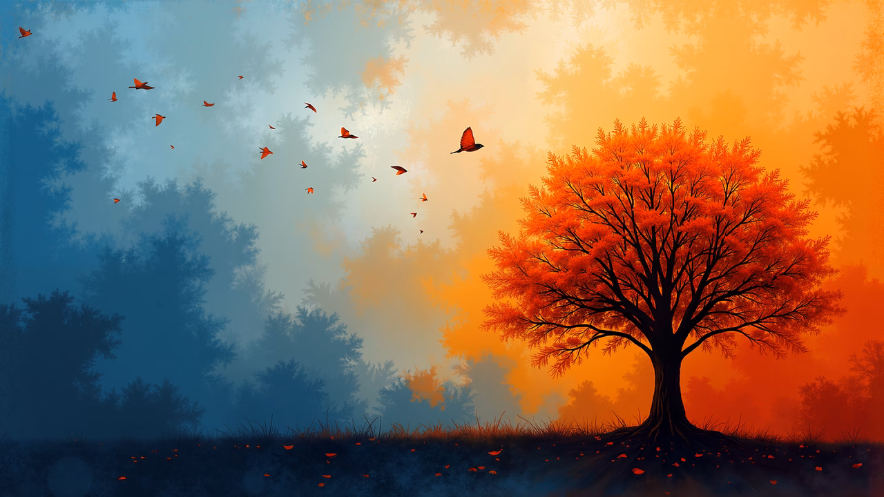 Vibrant autumn scene with a solitary tree and flying birds against a colorful sky.