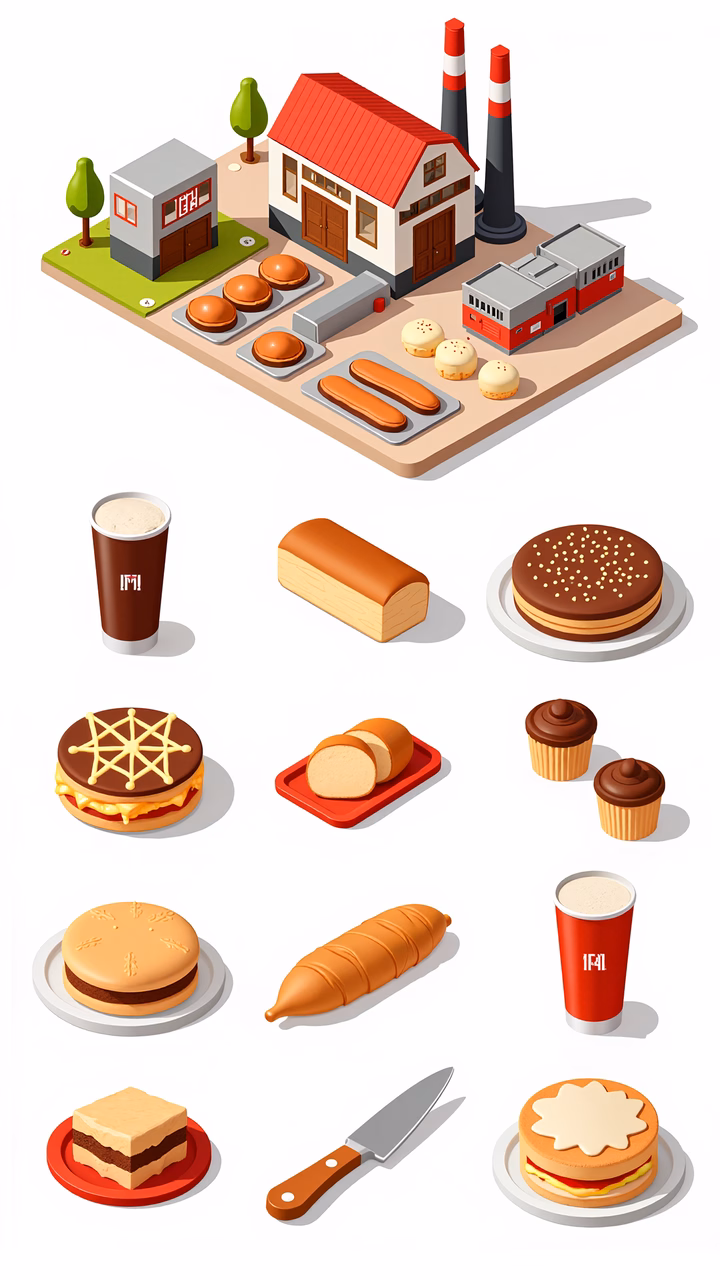 Brightly colored bakery illustration featuring pastries and drinks.