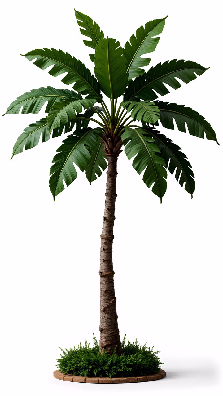 Realistic illustration of a banana tree with detailed leaves and a strong trunk.