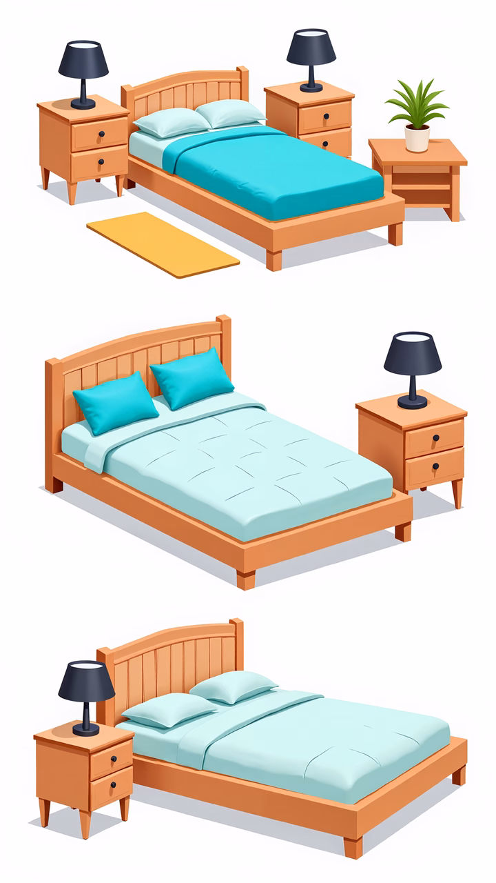 Minimalist bedroom set in soft teal and wood tones.