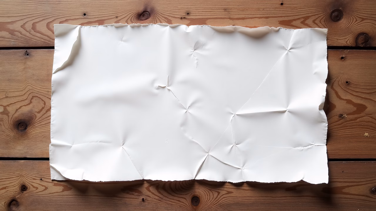 Blank paper resting on a textured wooden surface, emphasizing simplicity and contrast.