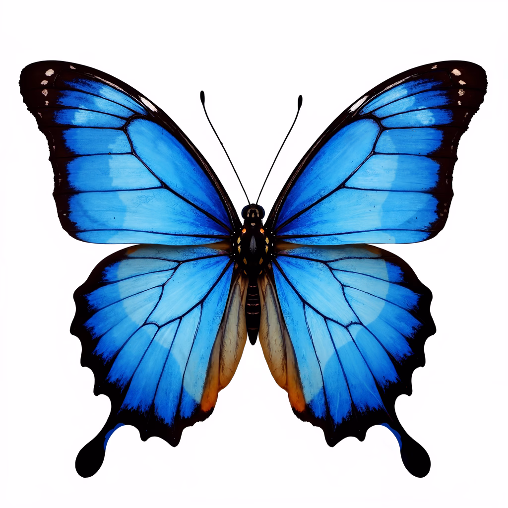 Vibrant blue butterfly with intricate wing patterns on a white background.