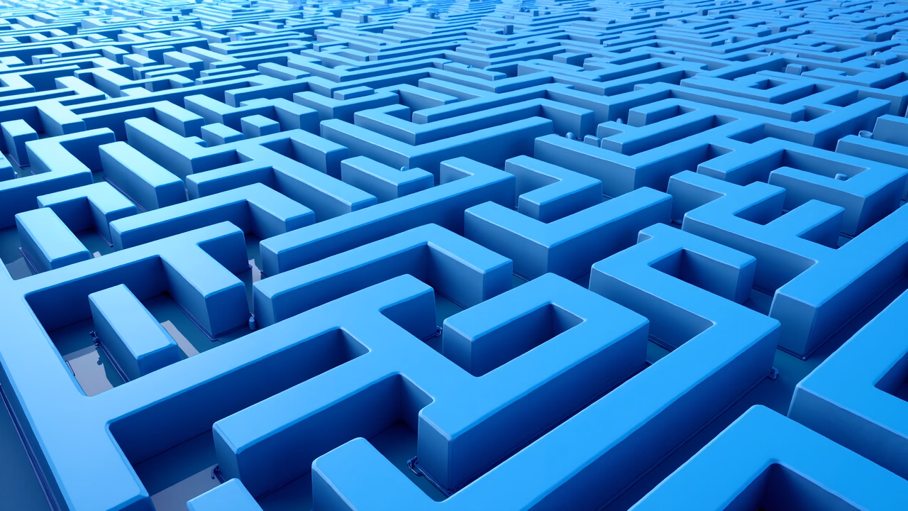Complex blue maze illustration, abstract art, intricate design, serene atmosphere, geometric shapes, endless possibilities