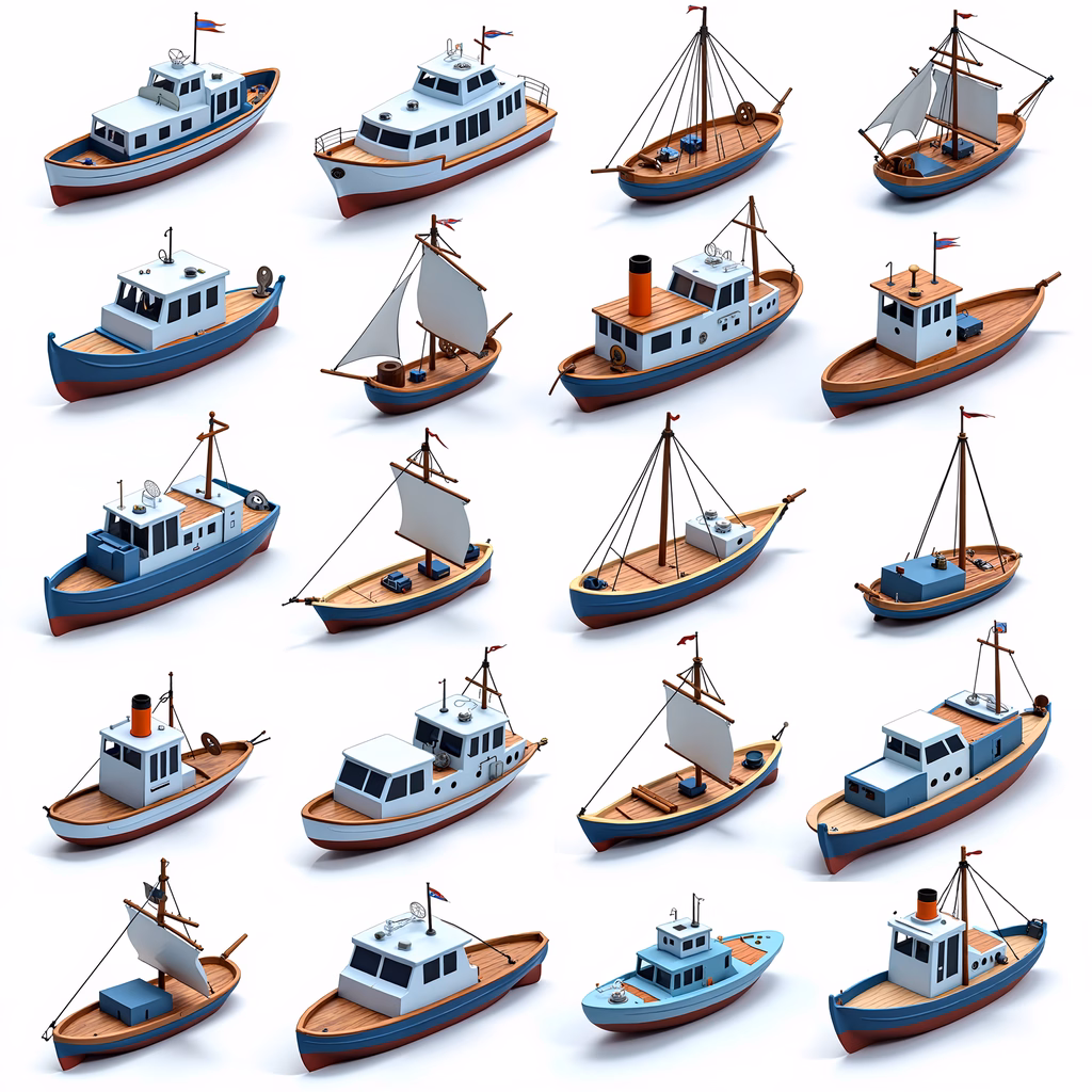 A stylized collection of boats with wooden hulls and blue accents, presented in a minimalist marine art style.