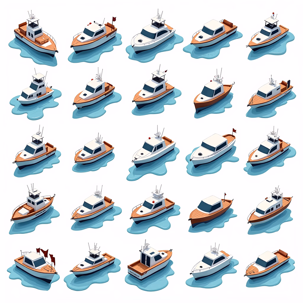 A grid of identical boats with clean designs and light blue water.