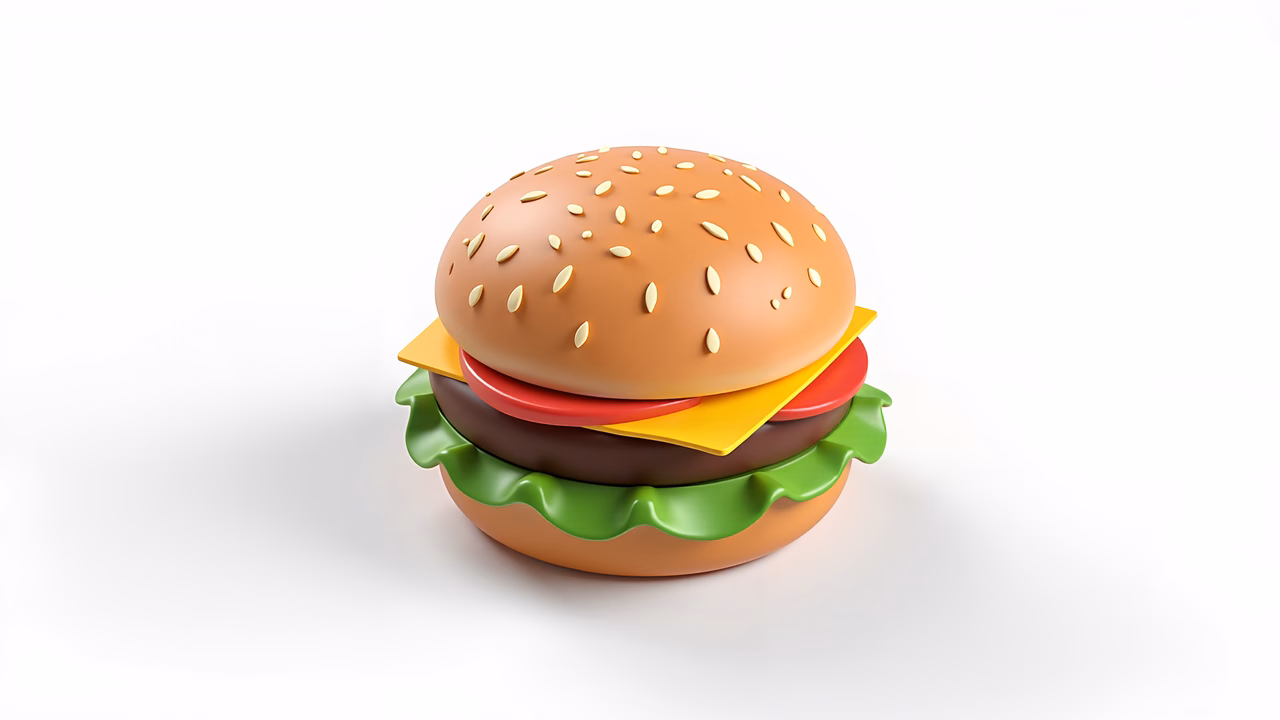 Brightly colored 3D illustration of a mouthwatering burger.