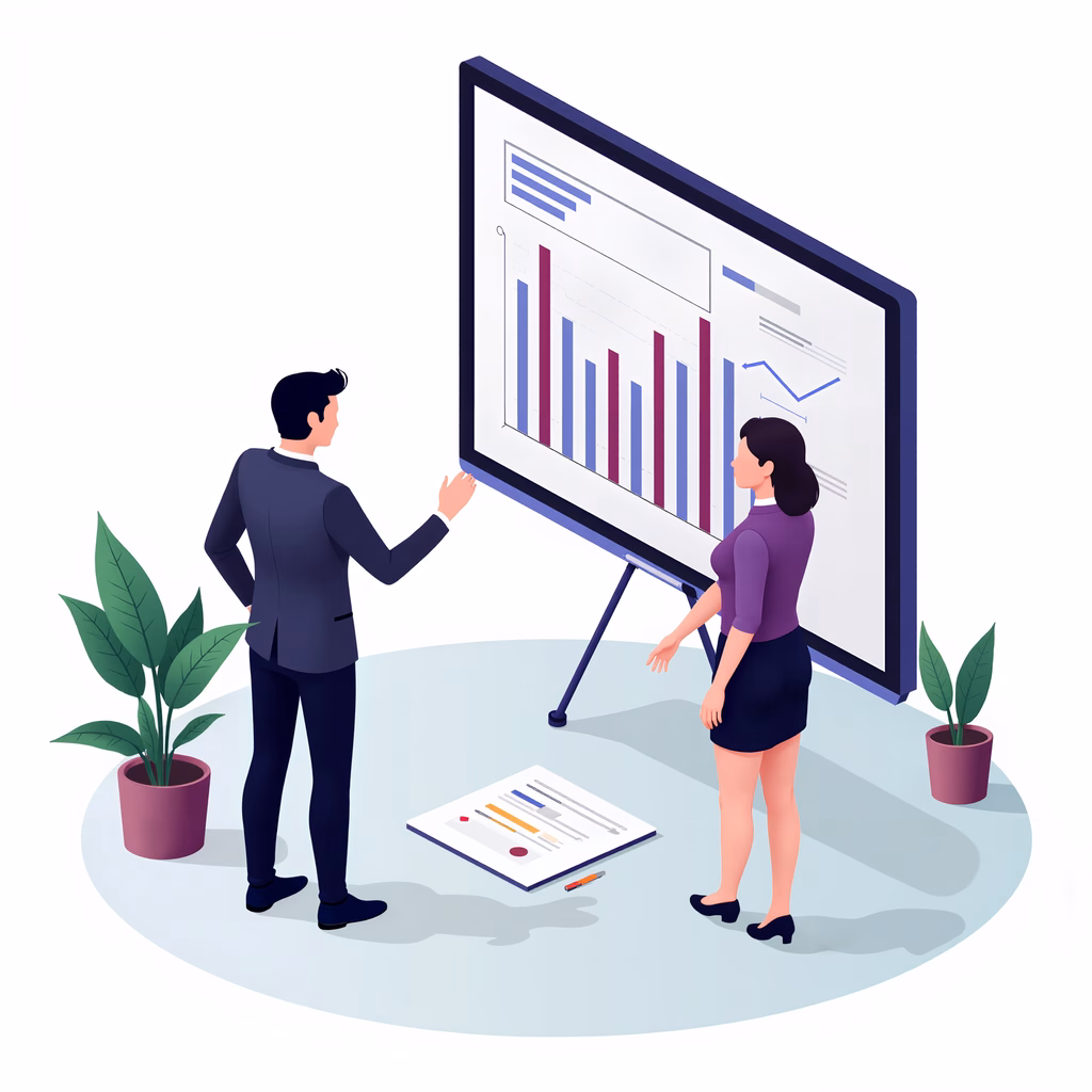 Two professionals analyzing business data in a modern office setting.