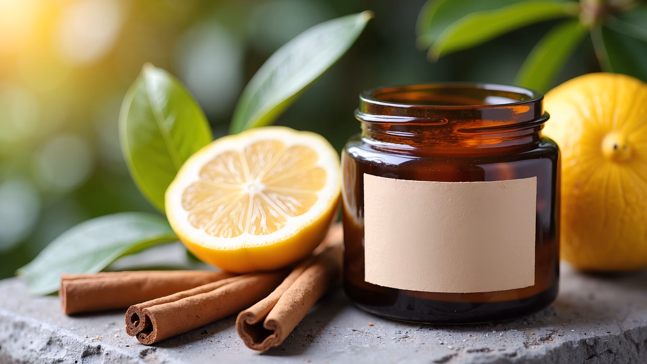 Aromatic candle with lemon and cinnamon, evoking warmth and coziness.