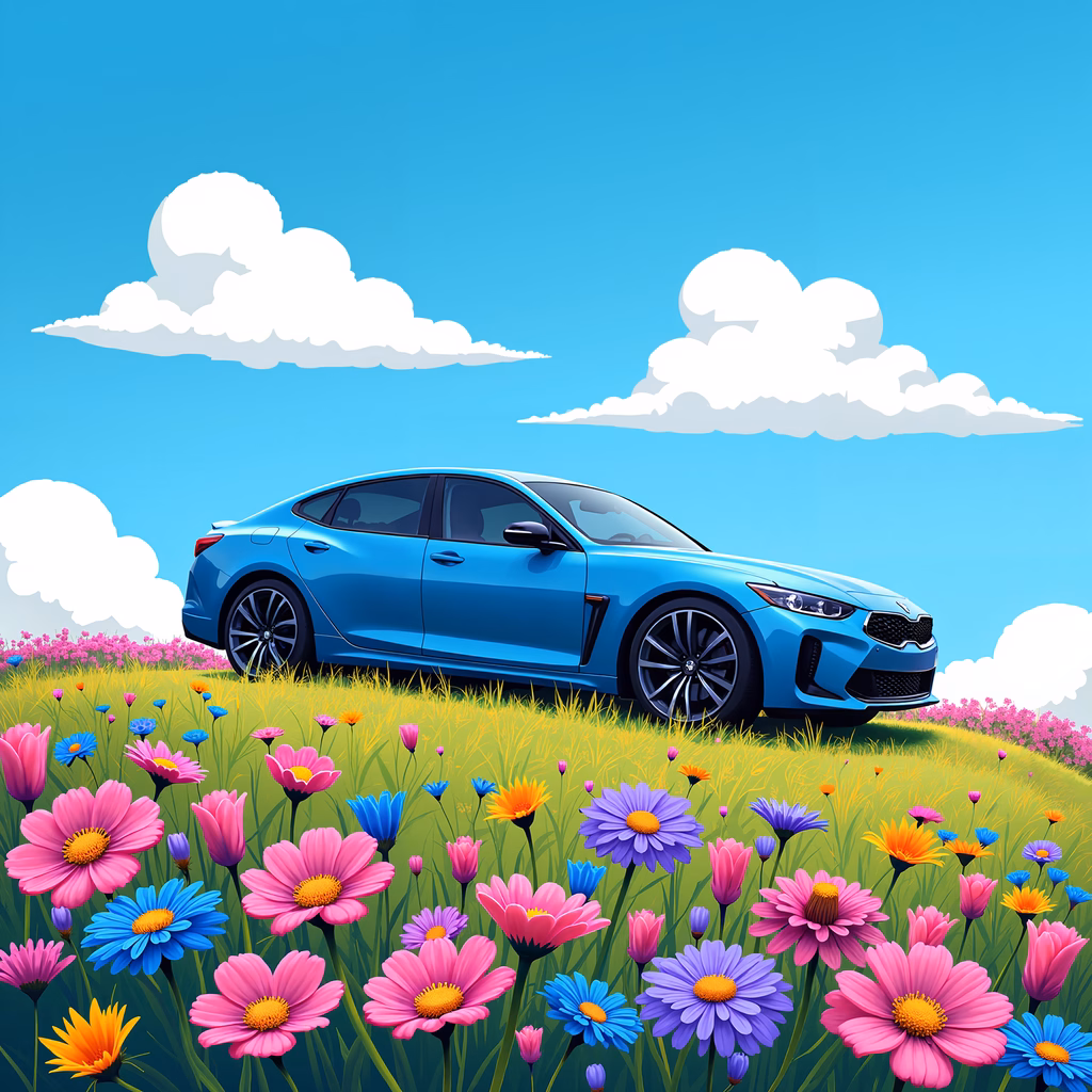 A blue car surrounded by colorful flowers under a bright sky.