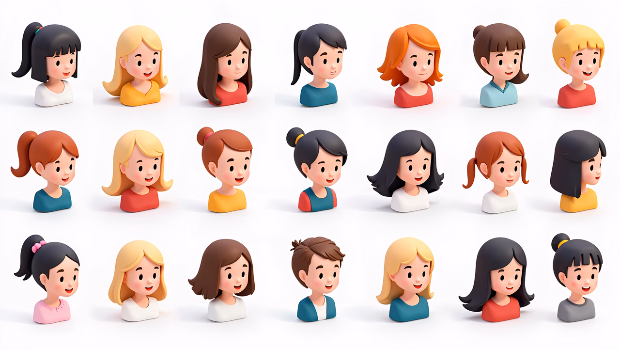 A collection of cartoon characters with diverse hairstyles and vibrant colors.