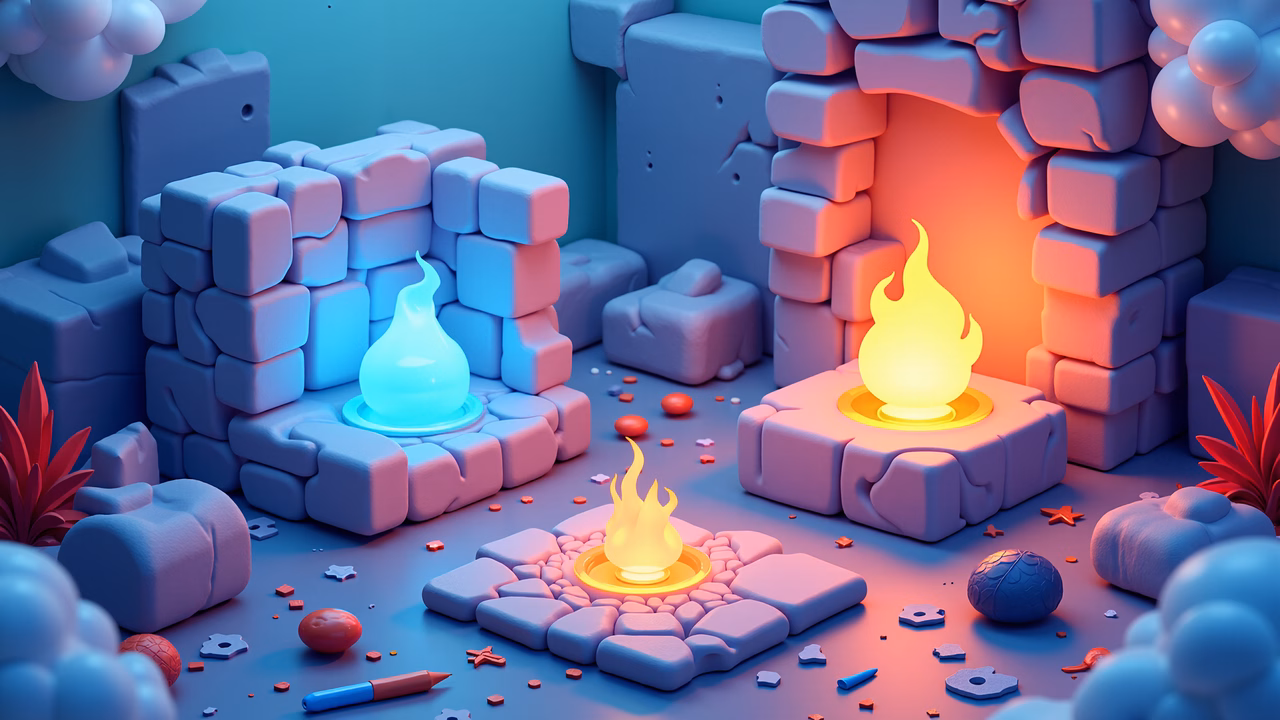 Whimsical fairy tale castle with glowing flames and magical artifacts.