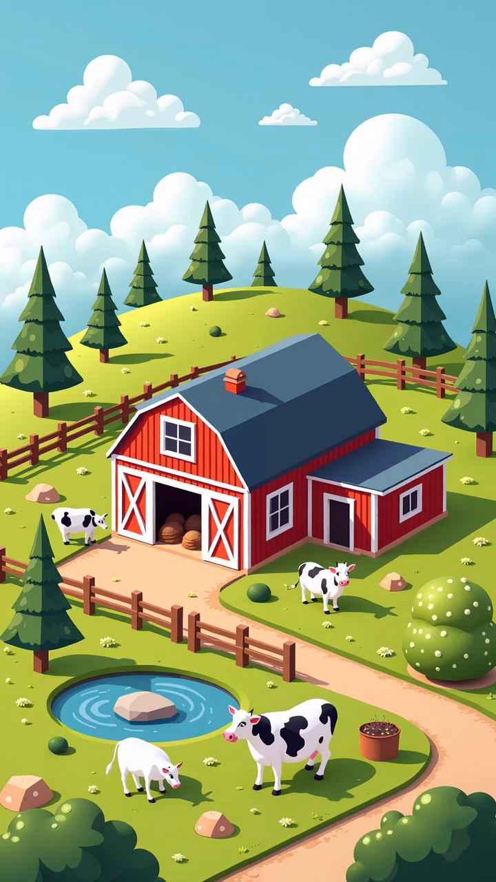 A cartoon-style farm scene with cows and a red barn under a bright blue sky.