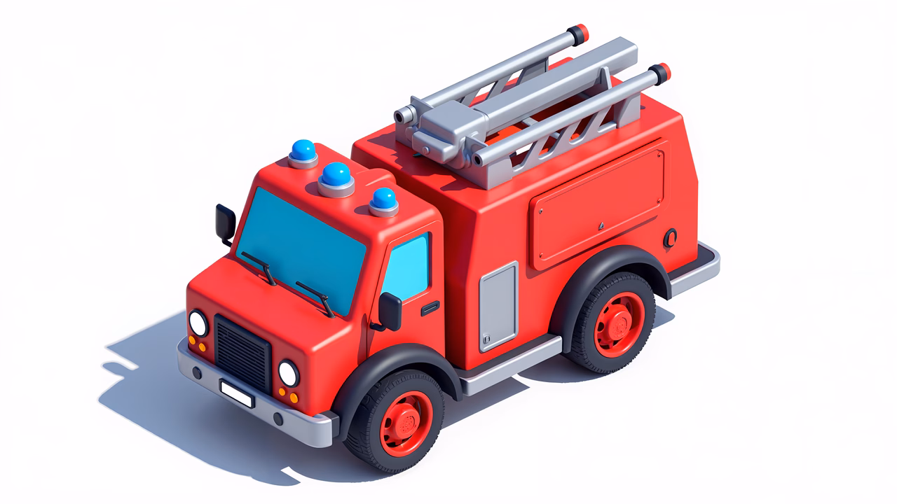 Brightly colored cartoon fire truck with blue lights and silver ladder.