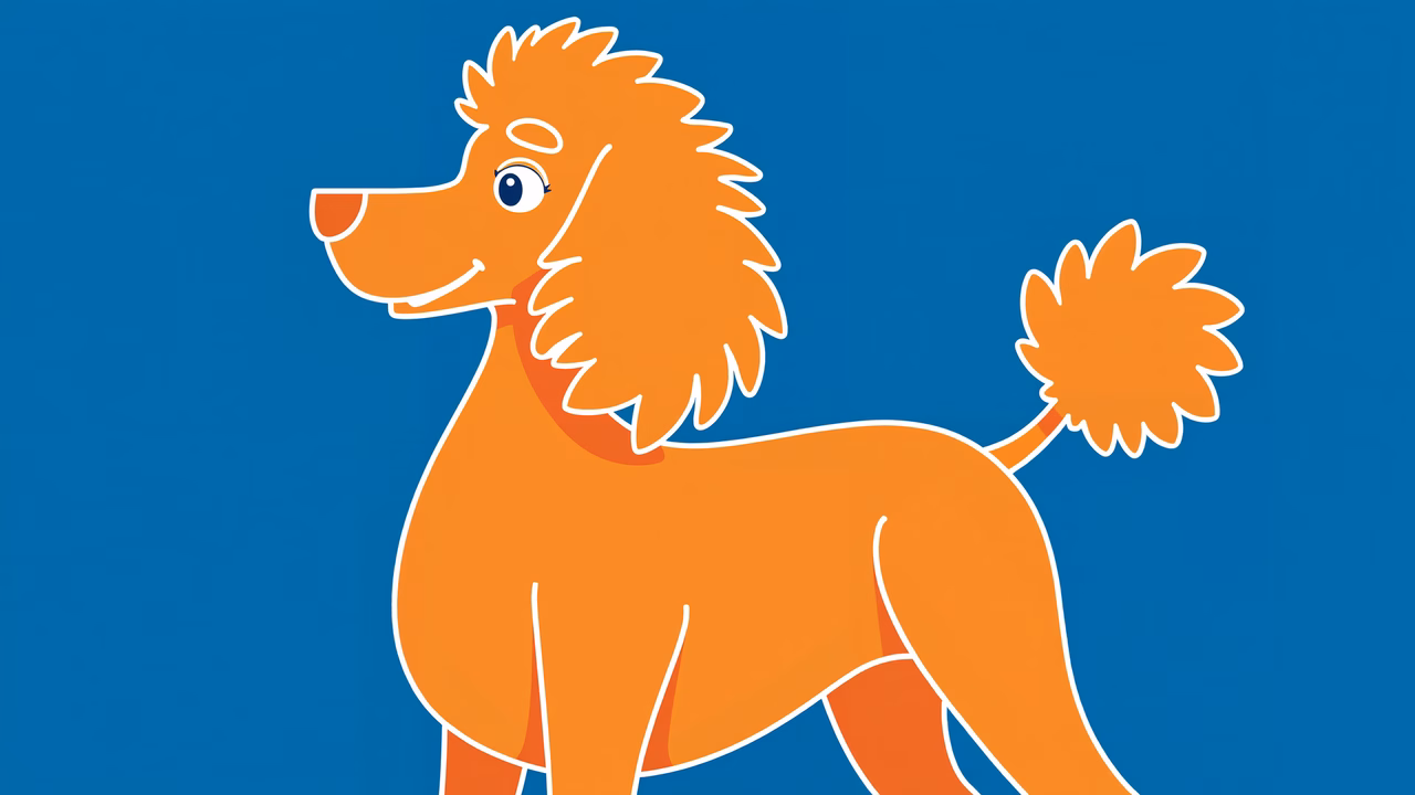 Brightly colored cartoon poodle on a blue background.
