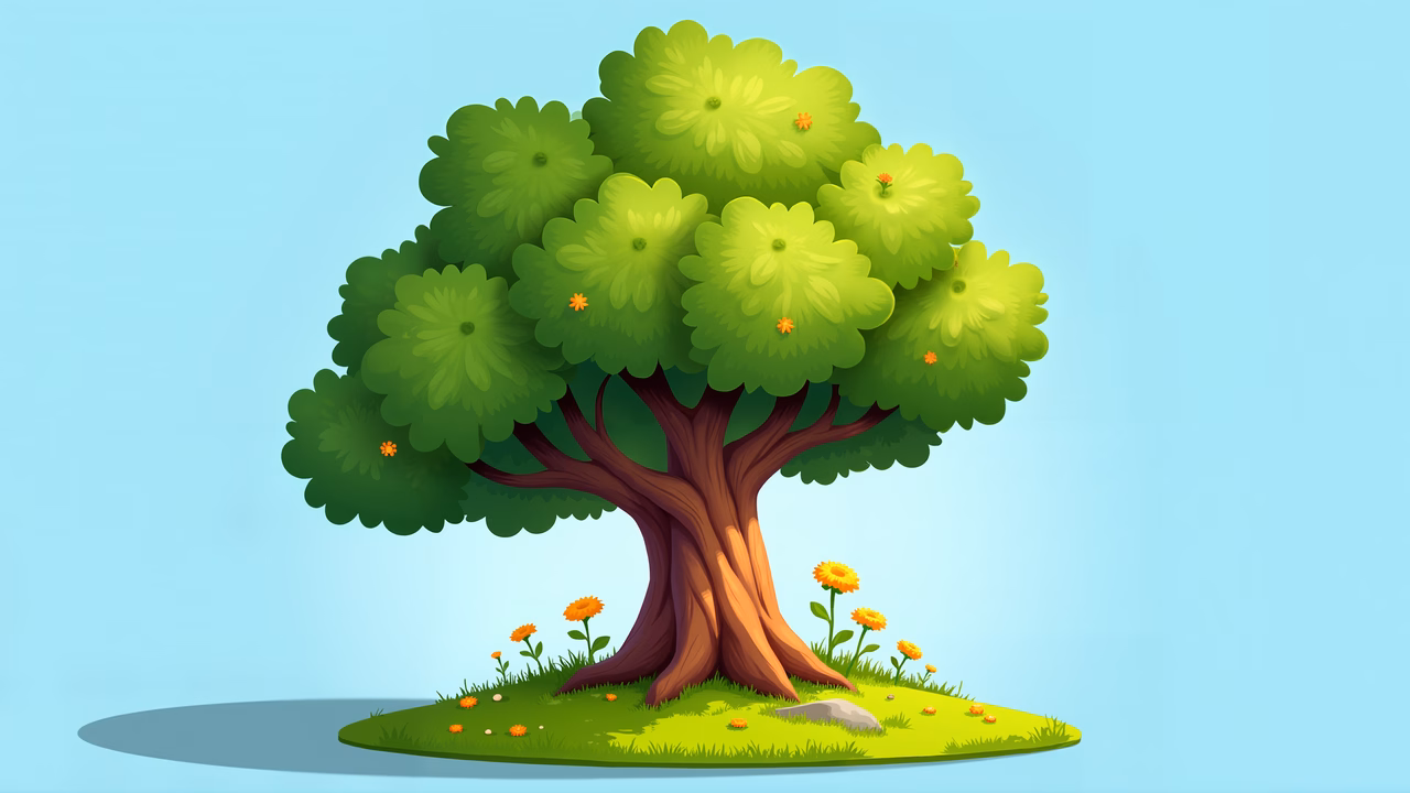 A cheerful cartoon tree with green leaves and orange flowers under a clear blue sky.