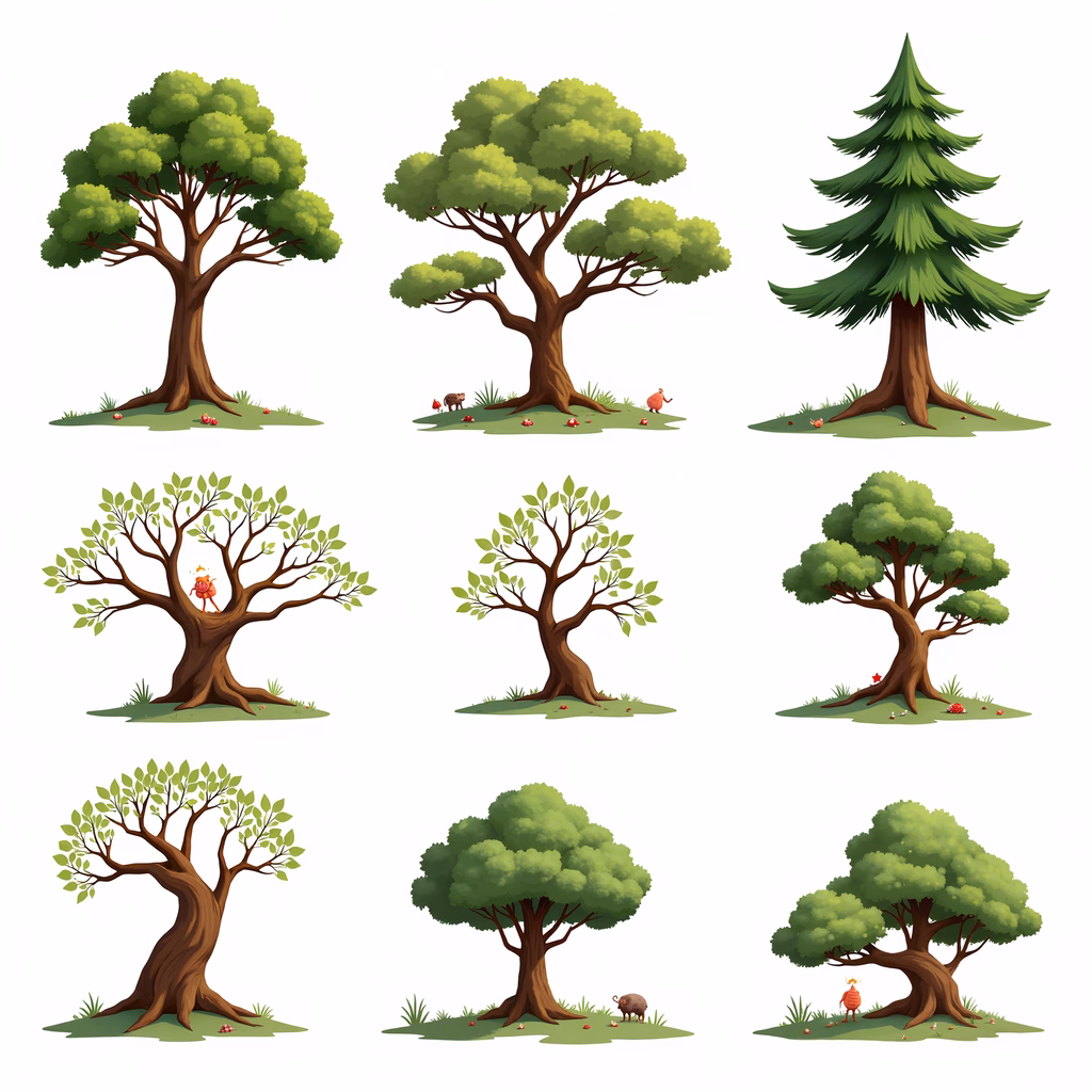 Whimsical cartoon trees in a playful forest setting.