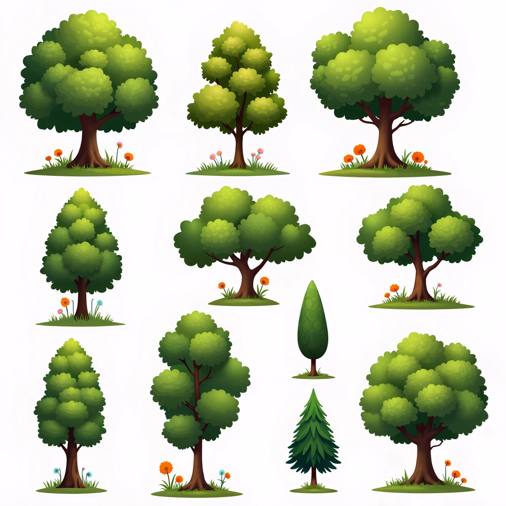 A set of cartoon-style trees with vibrant greenery and cheerful flowers.