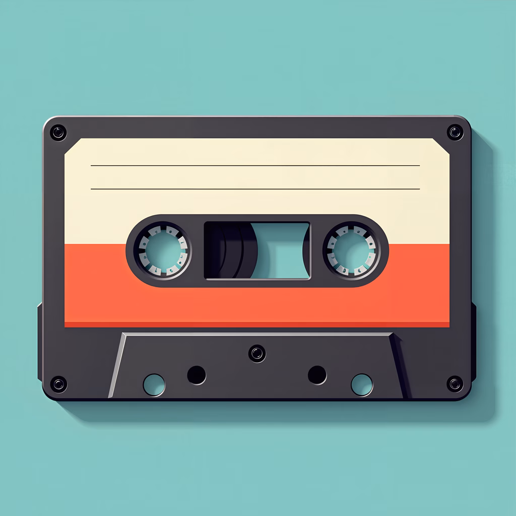 Minimalist illustration of a vintage cassette tape in flat design style.