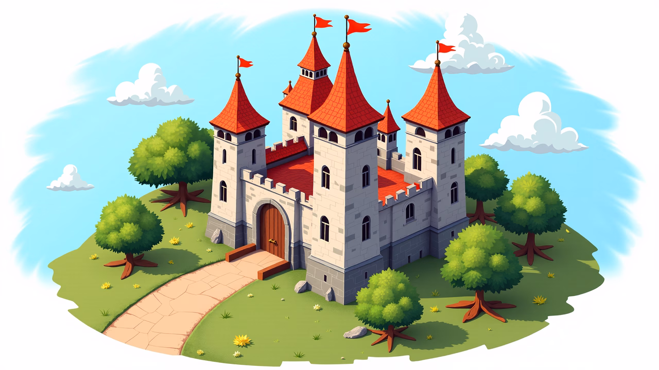 A colorful medieval castle surrounded by trees under a bright sky.