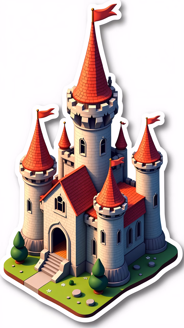 Whimsical castle with red flags and vibrant colors
