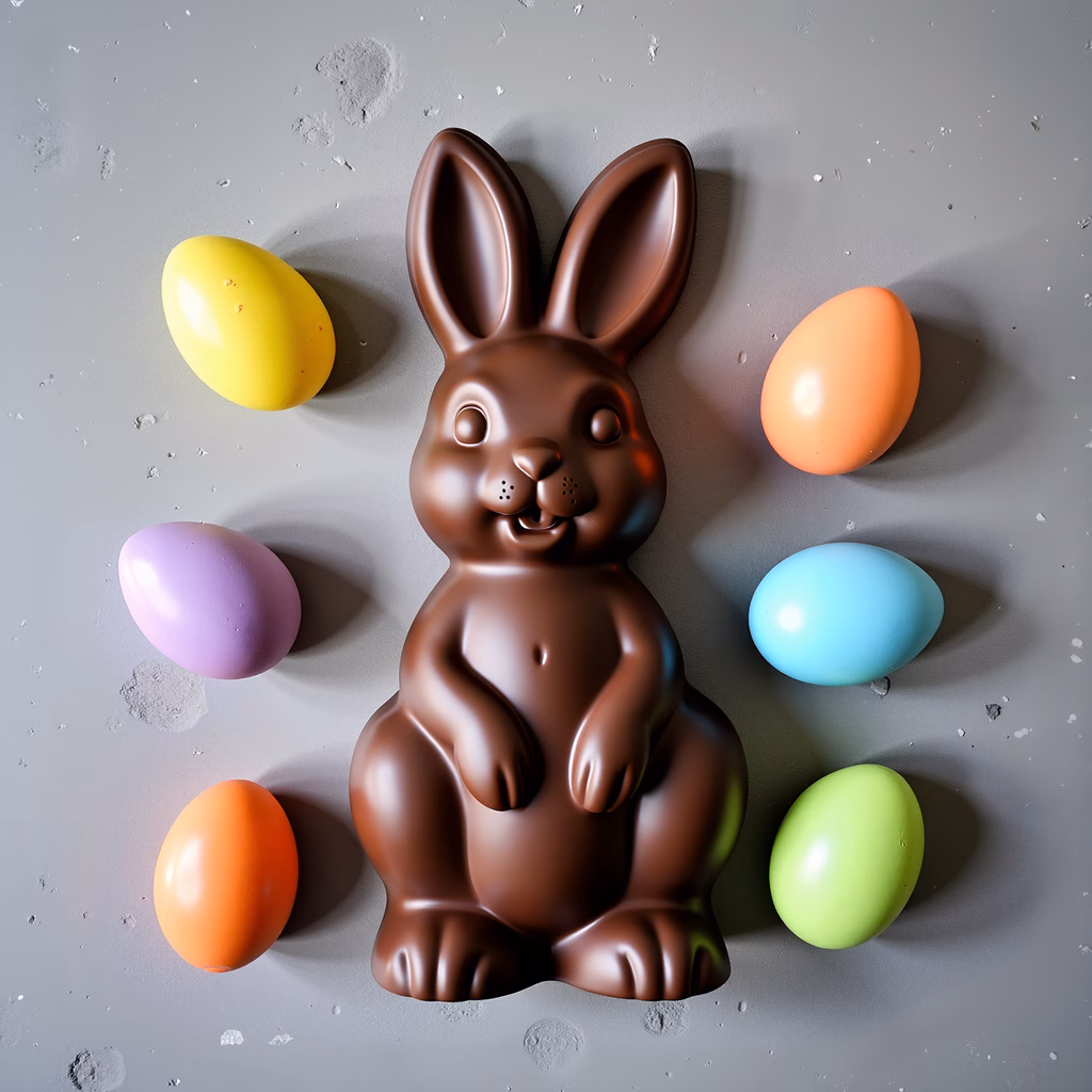 A chocolate bunny surrounded by colorful Easter eggs, celebrating springtime joy.