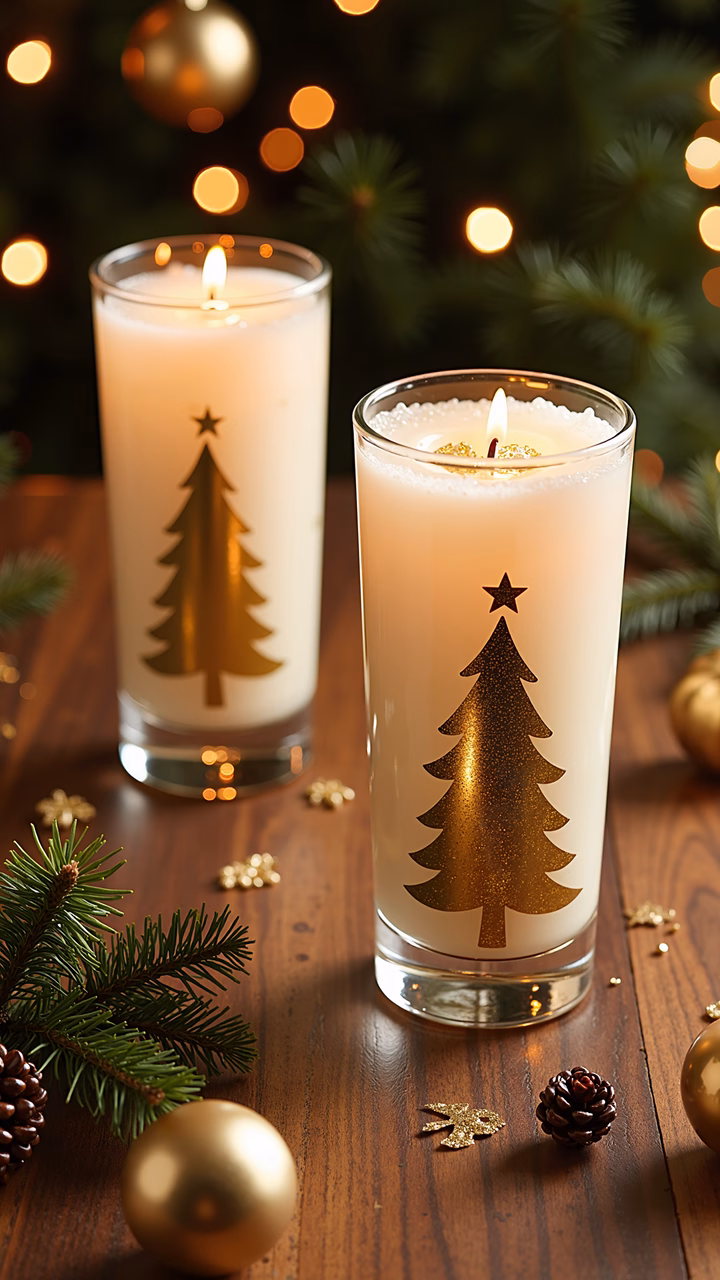 Warm, festive candles with golden Christmas trees, perfect for holiday decor.