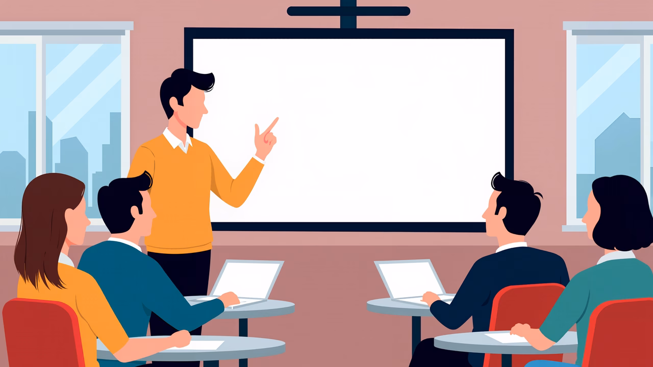 Teacher leading a classroom presentation with students engaged in a modern learning environment.