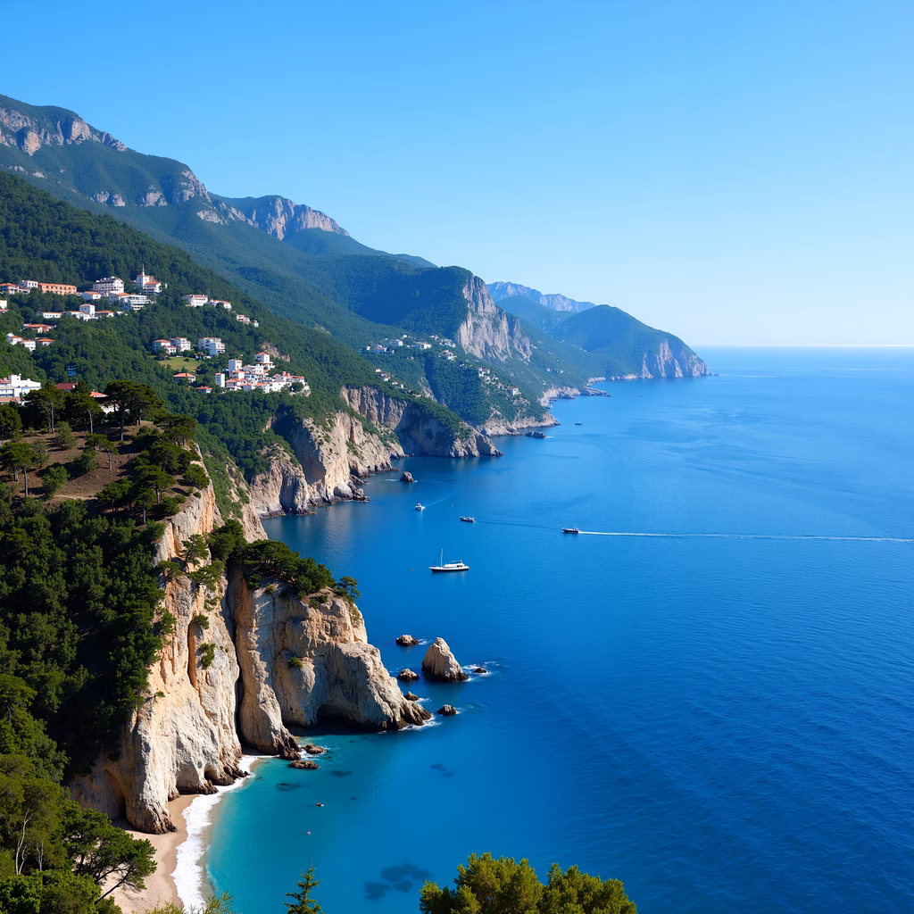 A stunning coastal scene with turquoise waters and rugged cliffs.