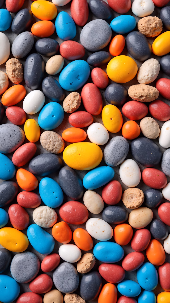 Close-up of colorful candy stones in various hues, creating a playful and vibrant scene.
