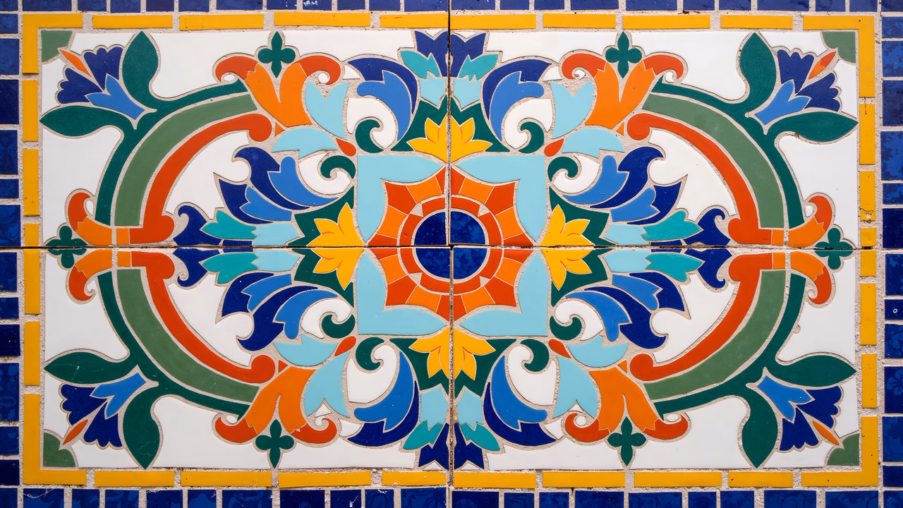 Brightly colored ceramic tiles with intricate floral designs and a central sun motif.