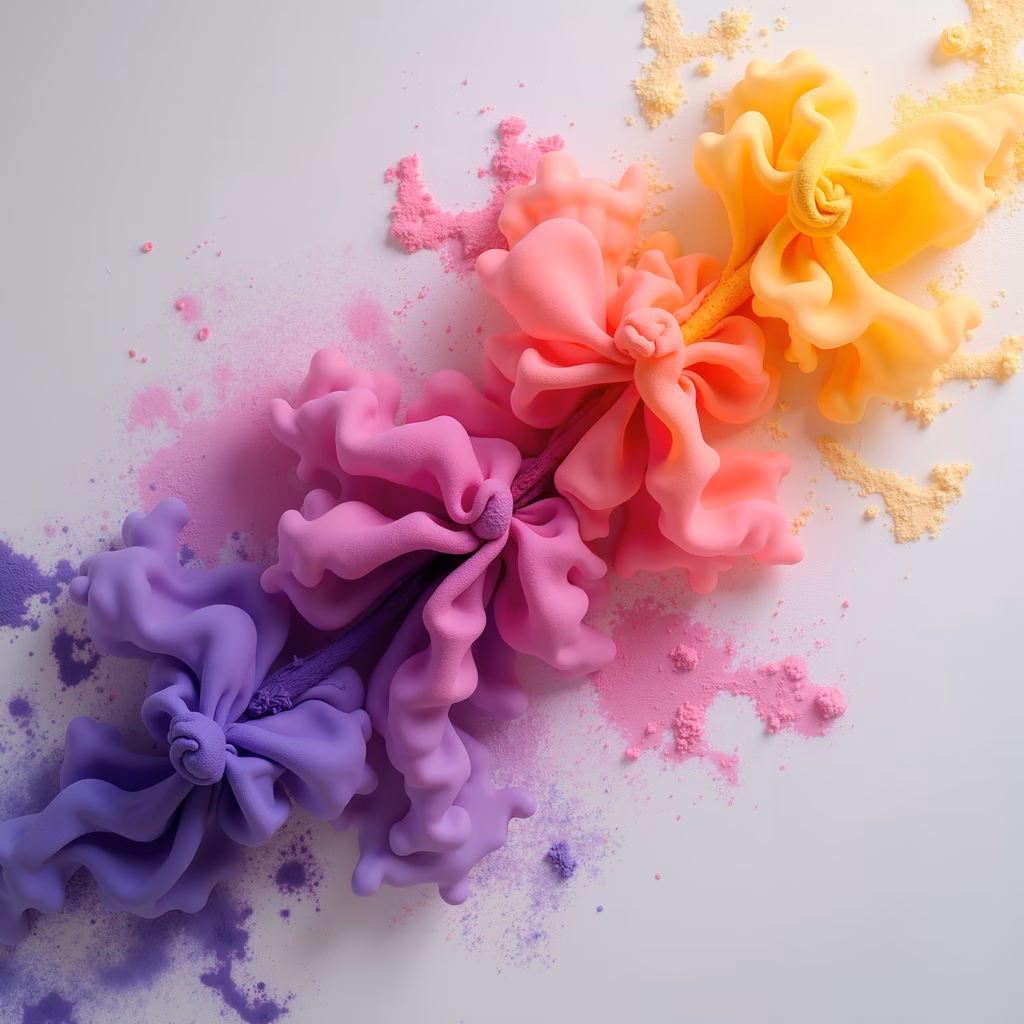 Vibrant clay flowers in shades of purple, pink, and yellow on a white background.