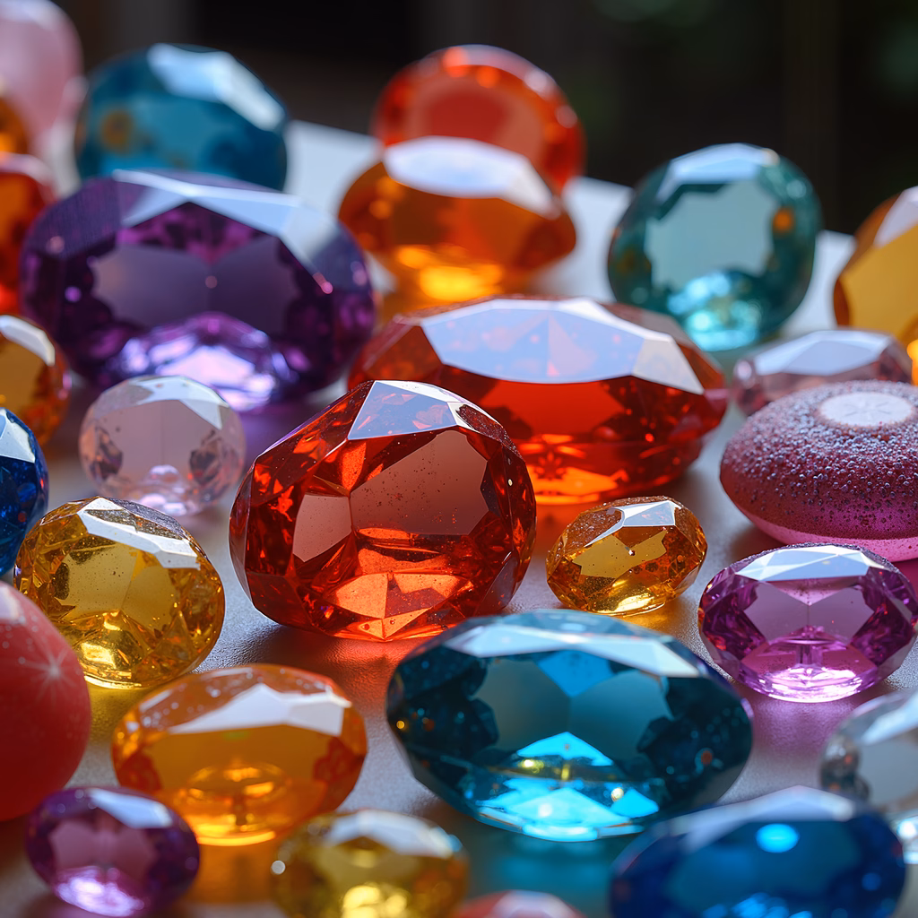 Vibrant gemstones in various colors and shapes, reflecting natural beauty and elegance.