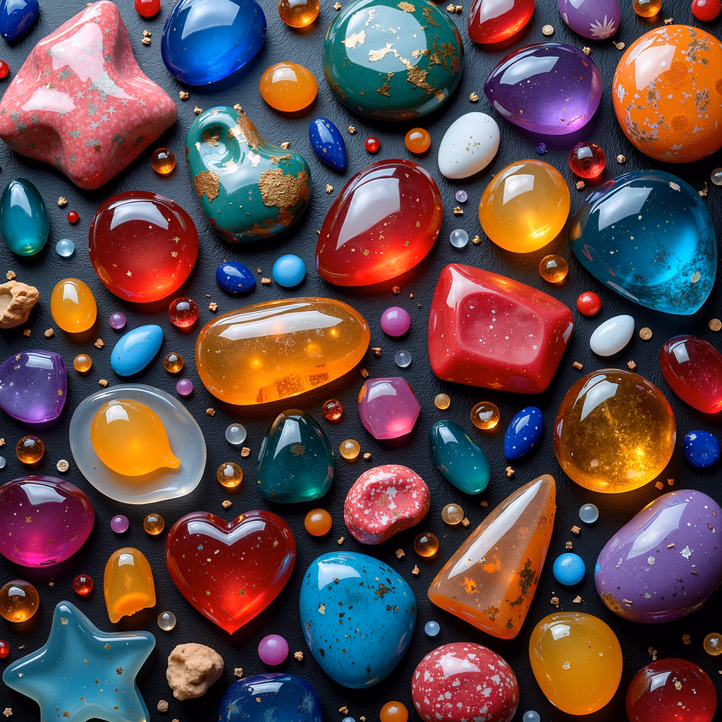 Vibrant gemstones in various shapes and colors on a dark background.