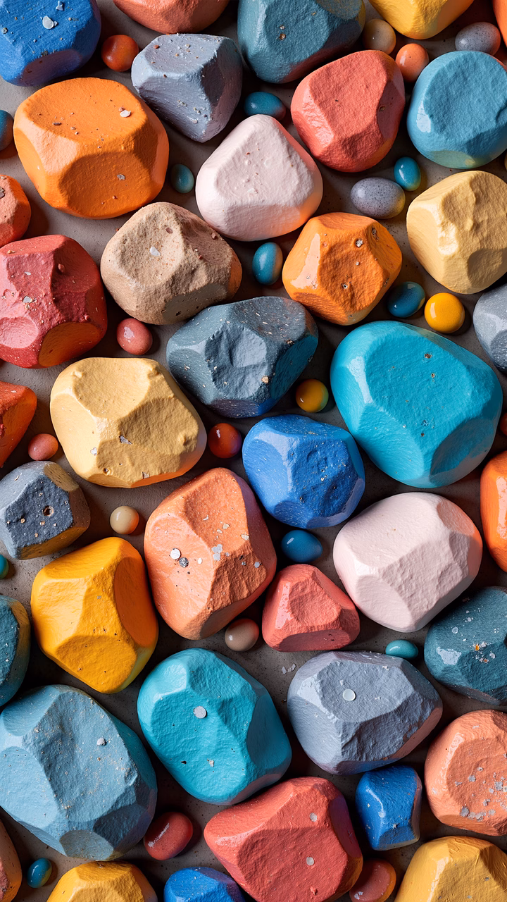 Brightly colored rocks create a playful and whimsical scene.
