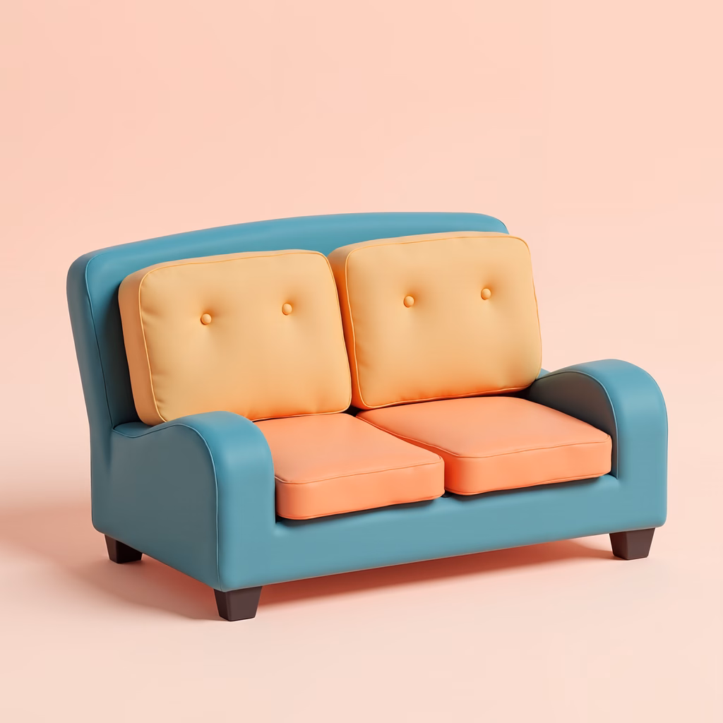 Vibrant teal and orange sofa illustration for interior design enthusiasts.