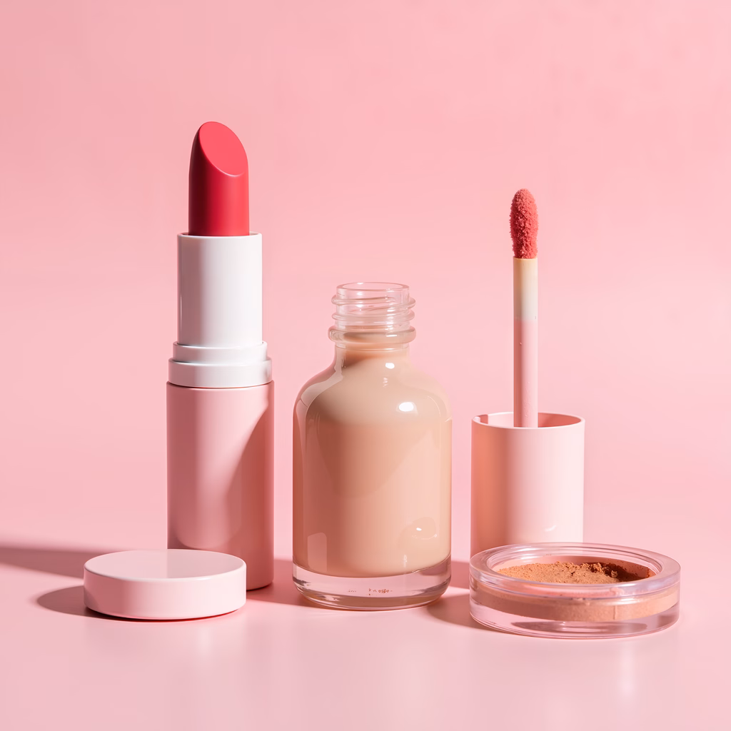 Minimalist cosmetic products on a pink background, showcasing elegance and simplicity.