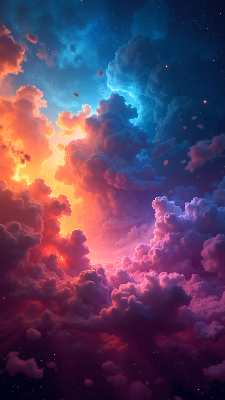 Vibrant cosmic cloudscape with contrasting warm and cool tones.
