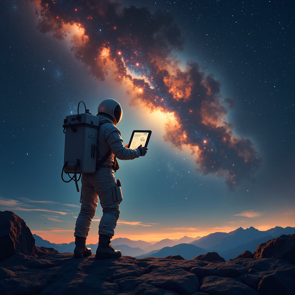 Astronaut exploring a cosmic nebula in a serene night sky.
