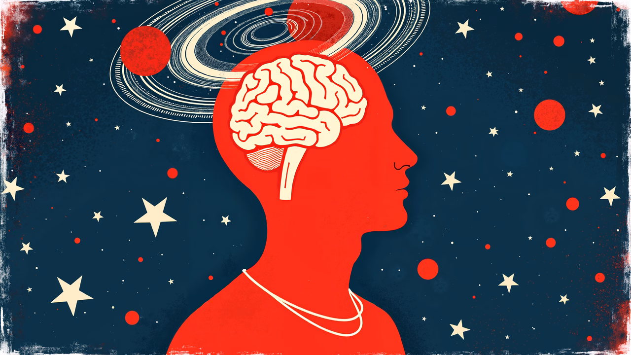 A red silhouette with a white brain against a starry cosmic background.