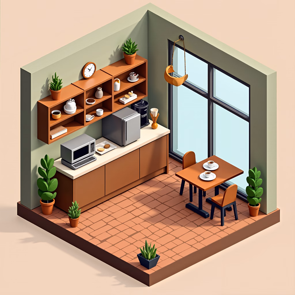 Warm, cozy kitchen scene with isometric design and vibrant colors.