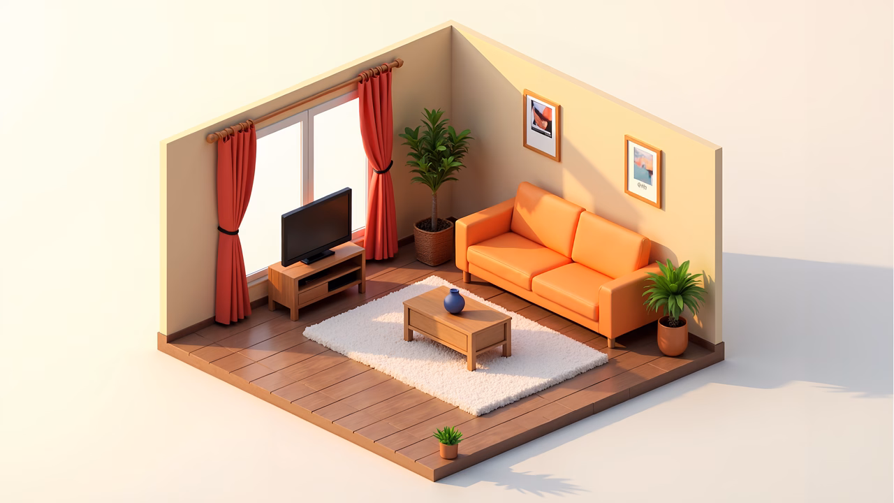 A cozy living room with an orange sofa and wooden furniture, illuminated by natural light.