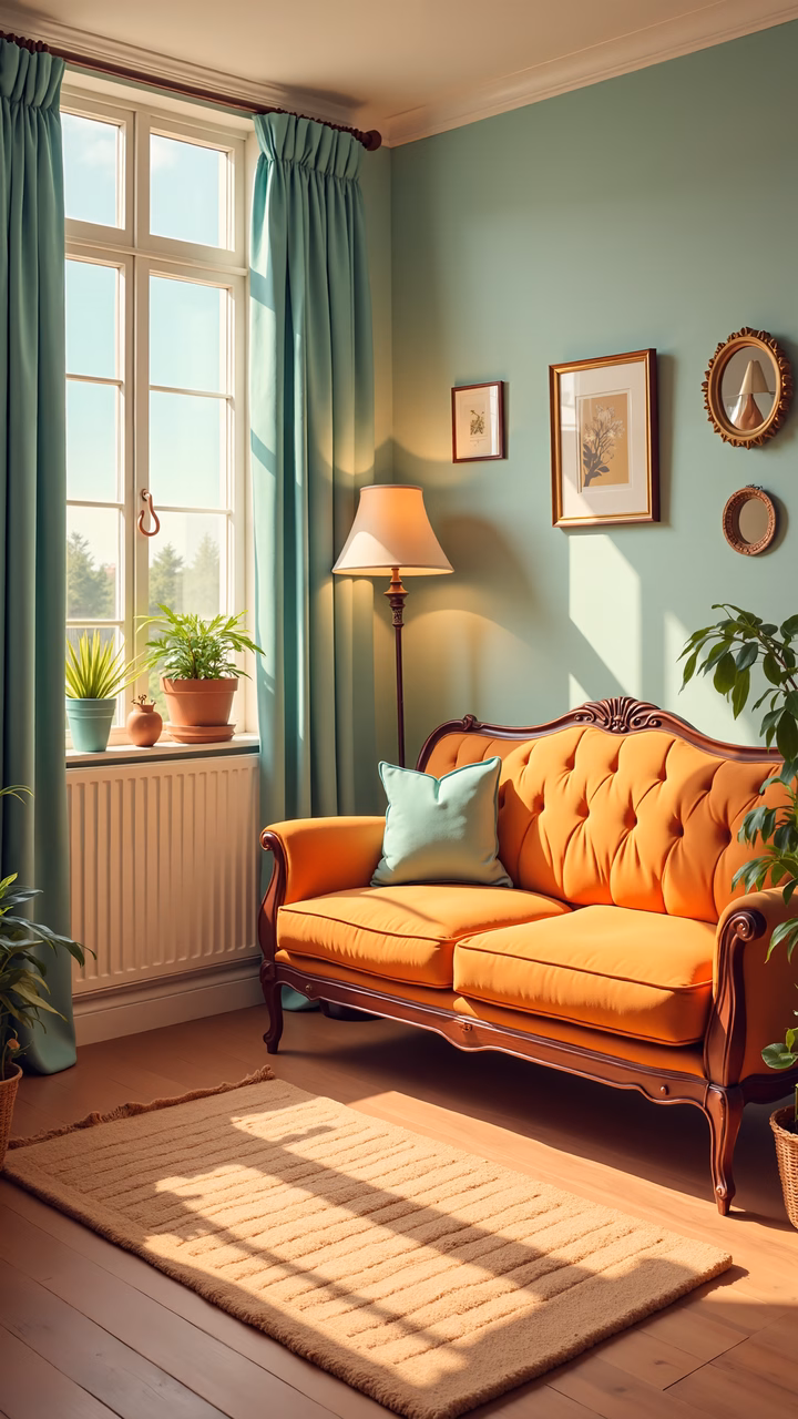 A cozy living room with an orange sofa and mint green walls, illuminated by natural light.