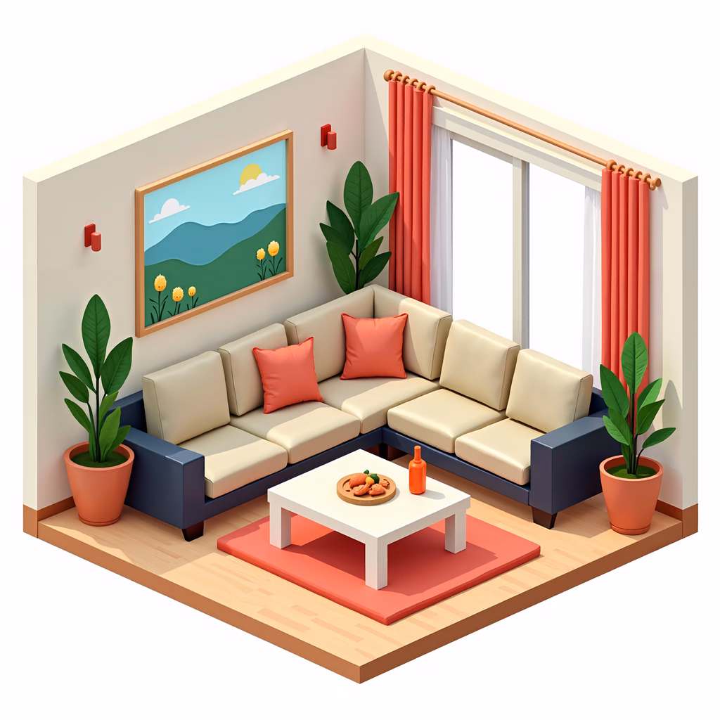Modern living room with beige sofa, red accents, and natural light.