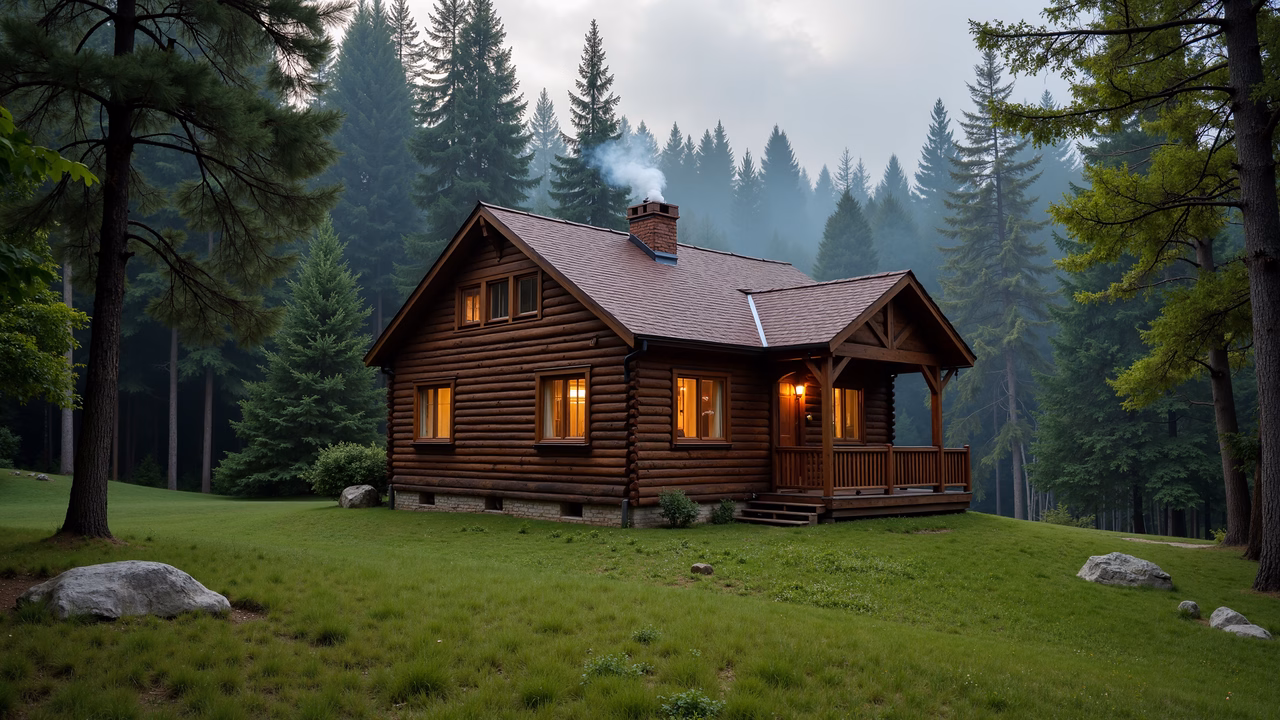 A cozy log cabin surrounded by misty woods, offering a peaceful retreat.