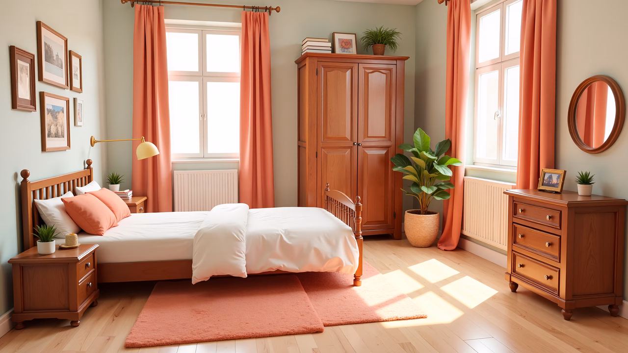 A serene pastel-themed bedroom with wooden furniture and soft lighting.