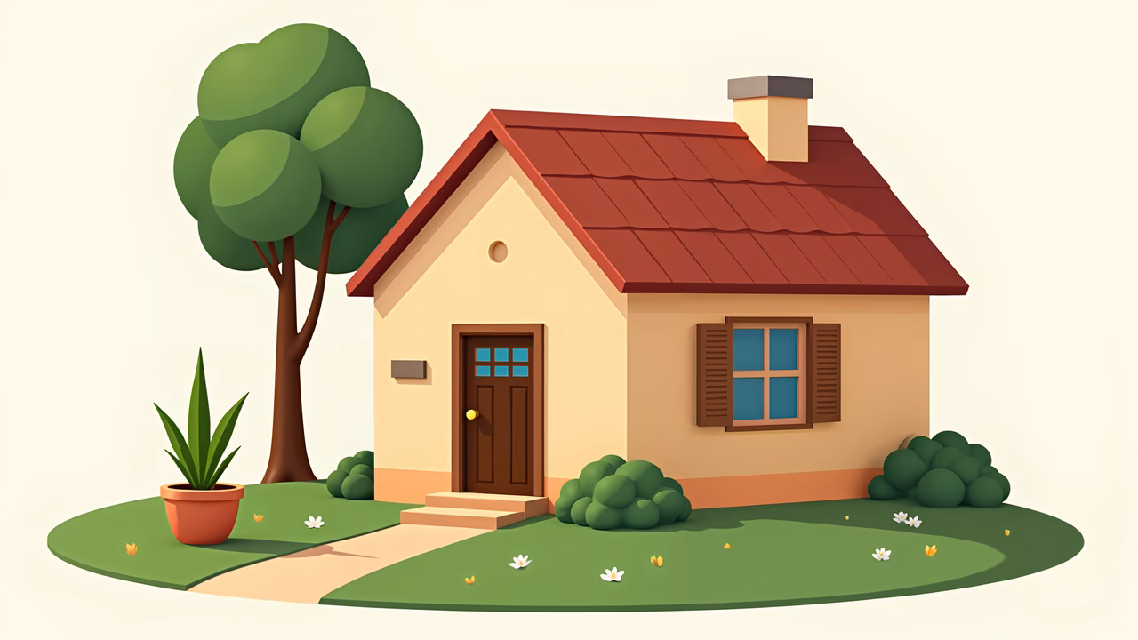 A cute, cartoon-style house nestled among greenery, evoking a peaceful and welcoming vibe.