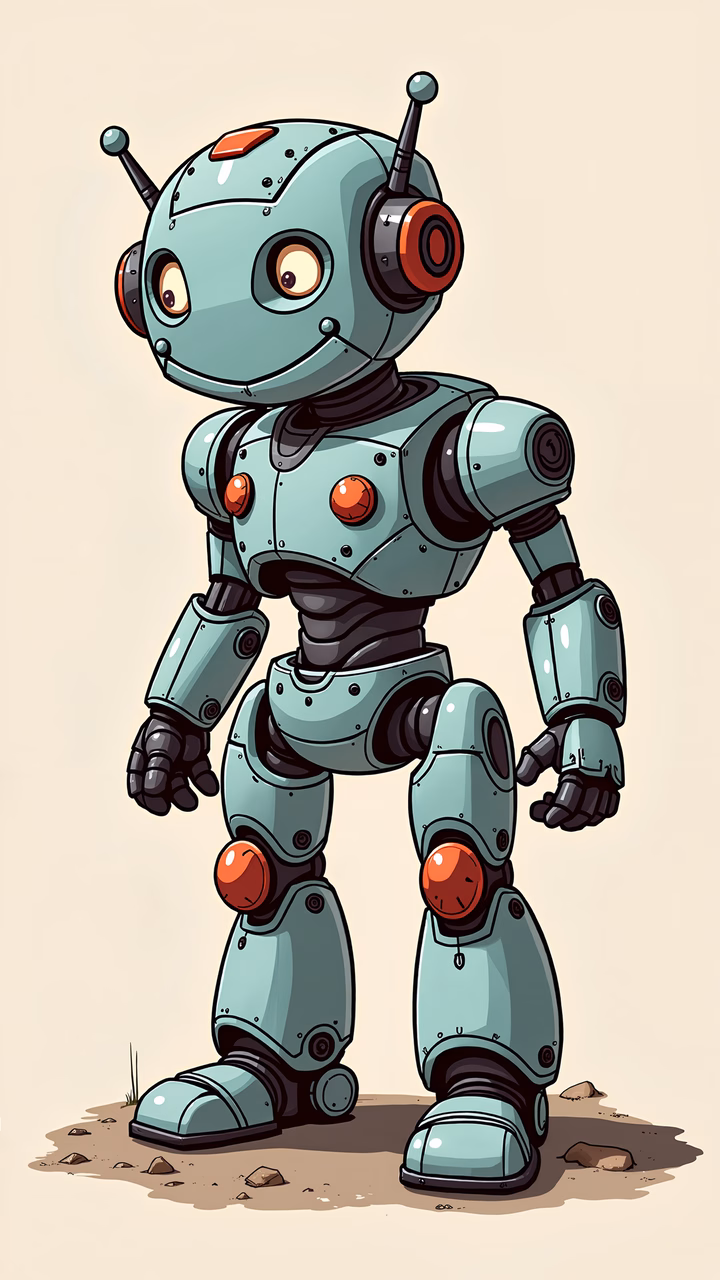 A cute, retro-futuristic robot standing on a simple background.