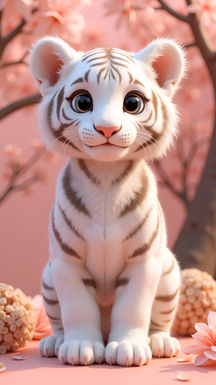 A cute white tiger cub surrounded by cherry blossoms, evoking a sense of peace and innocence.