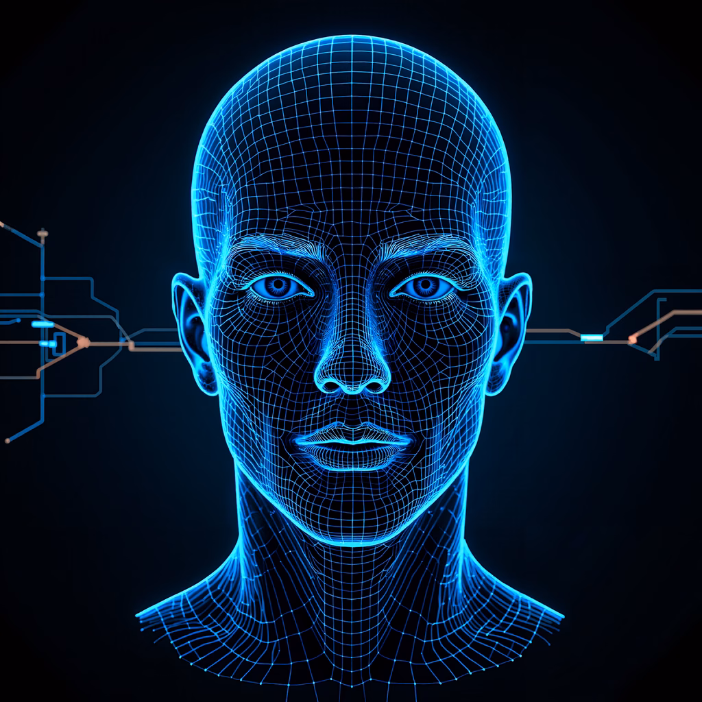 Detailed wireframe grid head with glowing blue eyes and circuit lines, futuristic art.