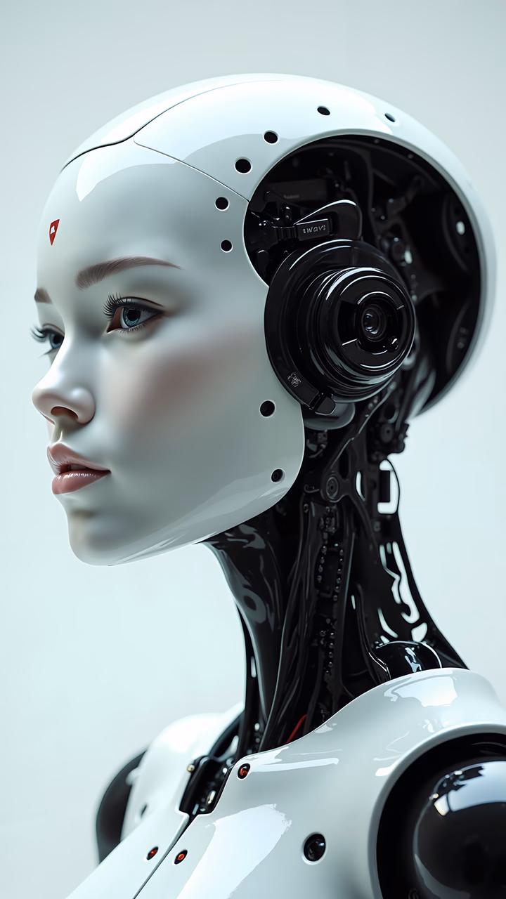 A futuristic cyborg portrait with smooth human-like features and intricate robotic details.